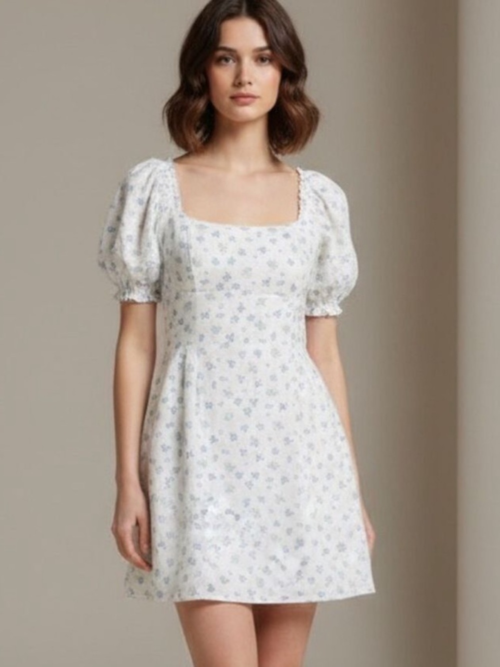 NWOT Altar'd State Shianna White Blue Puff-Sleeve Mini Dress M